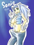  2011 big_breasts blue_background blue_hair breasts bulge clothing cool_colors cum dickgirl erection green_eyes hair hand_on_hip hedgehog human humanized intersex looking_at_viewer mammal navel pants penis pherociouseso plain_background sega solo sonic_(series) sonic_the_hedgehog vest 