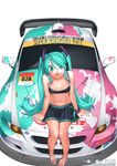  aqua_eyes aqua_hair belt bmw bmw_z4 car goodsmile_company goodsmile_racing ground_vehicle hatsune_miku itasha kazeto long_hair midriff motor_vehicle navel on_vehicle race_queen racing_miku racing_miku_(2009) sandals simple_background sitting skirt smile solo twintails very_long_hair vocaloid 