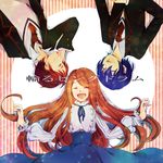  2boys ^_^ bad_id bad_pixiv_id blue_hair brown_hair closed_eyes dress hand_on_own_face happy long_hair mawaru_penguindrum multiple_boys open_mouth school_uniform segawa_(azmch) smile takakura_himari takakura_kanba takakura_shouma upside-down 