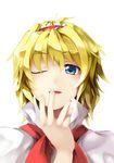  ahoge alice_margatroid blonde_hair capelet chaigidhiell close-up face hands highres lips one_eye_closed short_hair solo touhou upper_body 