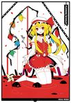  alternate_hairstyle alternate_wings blonde_hair blood choker embellished_costume flandre_scarlet flower frills highres ideolo kneeling long_hair open_mouth pinwheel pool_of_blood red_eyes ribbon_choker skirt skull smile solo thighhighs touhou white_legwear wings zettai_ryouiki 