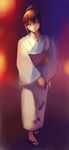  alternate_costume alternate_hairstyle bad_id bad_pixiv_id brown_hair inuzuka_bouru japanese_clothes kimono makise_kurisu purple_eyes short_hair solo steins;gate yukata 