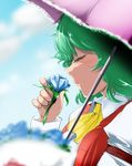  ascot bad_id bad_pixiv_id blue_flower blue_rose blue_sky blurry blush closed_eyes day depth_of_field flower green_hair holding holding_flower hyudora kazami_yuuka parasol plaid plaid_vest profile rose shirt short_hair sky smelling_flower smile solo touhou umbrella vest 