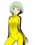  blonde_hair bodysuit bruce_lee's_jumpsuit green_eyes green_hair huang_baoling kikuyarou open_mouth short_hair solo tiger_&amp;_bunny yellow_bodysuit 