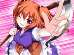  bad_id bad_pixiv_id hair_bobbles hair_ornament hitsujibane_shinobu one_eye_closed onozuka_komachi pink_eyes red_hair scythe short_hair smile solo touhou two_side_up 