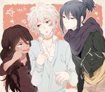  2boys black_hair brown_eyes dark_skin facial_mark frown grey_eyes inukashi jacket long_hair multiple_boys nezumi_(no.6) no.6 open_mouth red_eyes scarf shion_(no.6) short_hair short_ponytail sion_(no.6) white_hair 