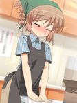  apron arm_support bad_id bad_pixiv_id blurry blush box braid brown_hair closed_eyes clothed_masturbation crotch_rub depth_of_field face hair_up head_scarf masturbation original solo table_sex tears tonbi 