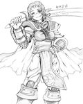  armor cape drinking_straw full_armor garen_crownguard genderswap greyscale league_of_legends monochrome mouth_hold one_eye_closed pauldrons solo 