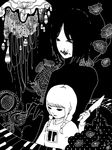  1girl greyscale instrument knife madotsuki monochrome piano sekomumasada_sensei tegaki yume_nikki 