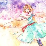  alice_margatroid blonde_hair blue_eyes boots capelet dress hairband highres open_mouth shiratsuyu short_hair solo touhou traditional_media watercolor_(medium) wire 