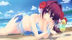  beach bikini cleavage drink game_cg kikurage kimi_wo_aogi_otome_wa_hime_ni purple_eyes swimsuit washio_rin 