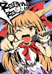  bad_id bad_pixiv_id banned_artist bow chain cuffs fang flat_color hair_bow horns ibuki_suika kisaragi_zwei long_hair microphone one_eye_closed open_mouth orange_hair pointing pointing_at_viewer shackles solo touhou very_long_hair 
