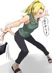  1girl armpits blonde_hair blue_eyes breasts clenched_teeth female hair_over_one_eye ichihisa kojiroad long_hair naruto shoes solo standing teeth text translation_request weapon yamanaka_ino 