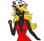  amber_eyes bear black black_fur blonde_hair breasts cat cleavage clothed clothing collar dress fangs feline female fur hair long_blonde_hair long_hair mammal panda panther plain_background plushie simple_background slit_pupils solo unknown_artist warm_colors white_background 