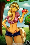  anthrofied apple applejack_(mlp) big_breasts blonde_hair breasts cleavage clothed clothing cutie_mark cutoffs denim_shorts equine female firm_and_perky freckles friendship_is_magic fruit green_eyes hair hasbro hat horse looking_at_viewer mammal my_little_pony natysanime navel orange_body outside panties pants_undone pony shorts smile solo standing tail tree unbuttoned underwear wide_hips wood 