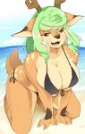  2019 amber_eyes anthro beach breasts brown_fur butt cervid cervine clothed clothing day faeki female fluffy fluffy_tail fur green_hair hair half-closed_eyes hi_res horn kneeling long_hair looking_at_viewer mammal open_mouth open_smile outside seaside smile solo spots spotted_fur swimsuit tan_fur 