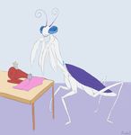  antennae blue_eyes cutie_mark friendship_is_magic hasbro insect mantis mimblex my_little_pony purple purple_background purple_body rarity_(mlp) sewing_machine simple_background solo table white white_body 