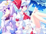  ascot bare_legs blue_hair book bow breasts capelet cleavage crescent hair_bow hat locked_arms medium_breasts motomiya_mitsuki multiple_girls patchouli_knowledge purple_eyes purple_hair remilia_scarlet short_hair touhou wrist_cuffs 