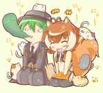  1girl animal_ears blazblue brown_hair cat fedora giving_up_the_ghost green_hair hat hazama makoto_nanaya necktie orange_skirt skirt smile squirrel_ears squirrel_tail tail thighhighs zibun 