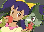  apple dark_skin female food fruit gym_leader iris_(pokemon) long_hair pokemon purple_hair 