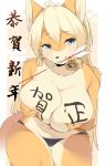  2019 anthro arrow bell big_breasts blonde_hair blue_eyes blush breasts canid canine clothing faeki faeki_(character) female fluffy fluffy_tail fur hair hand_on_breast hi_res huge_breasts japanese_text long_hair looking_at_viewer mammal navel presenting presenting_breasts smile solo tan_fur text underwear 