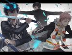  ao_no_exorcist bad_id bad_pixiv_id black_hair blue_eyes blue_hair brothers glasses gun letterboxed multiple_boys necktie okumura_rin okumura_yukio pink_hair pointy_ears robinexile shima_renzou siblings staff striped striped_neckwear sword tail weapon yellow_eyes 