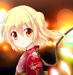  alternate_costume bell_(oppore_coppore) blonde_hair blurry blush bokeh depth_of_field face flandre_scarlet glowing glowing_wings japanese_clothes kimono lights no_hat no_headwear red_eyes red_kimono side_ponytail smile solo touhou wings yukata 