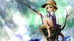  bare_legs barefoot blonde_hair branch fishing_rod grey_eyes hat moriya_suwako short_hair solo touhou tree_stump wasavips 