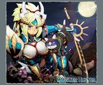  acorn arm_support armor bag book border bottle breasts felyne full_armor full_moon fur gauntlets gem green_hair highres large_breasts long_hair monster_hunter monster_hunter_portable_3rd moon mushroom nipples ponytail rope see-through text_focus torashiro_eiji zinogre_(armor) 