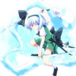  ayakashi_(monkeypanch) black_hairband blue_eyes bow dual_wielding ghost hair_bow hairband highres hitodama holding konpaku_youmu konpaku_youmu_(ghost) scabbard sheath short_hair silver_hair skirt solo sword touhou weapon white_hair white_legwear 