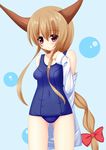  dress_shirt highres horns ibuki_suika long_hair off_shoulder one-piece_swimsuit orange_hair purple_eyes school_swimsuit shirt solo swimsuit touhou wet yoye_(pastel_white) 