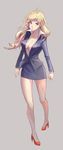  bad_id bad_pixiv_id blonde_hair blue_eyes breasts cleavage formal hidezi high_heels highres jacket long_hair medium_breasts miniskirt office_lady original pencil_skirt pigeon-toed popped_collar red_footwear shirt shoes skirt skirt_suit solo suit thighs unbuttoned walking 