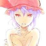  bad_id bad_pixiv_id bare_shoulders bow clenched_teeth collarbone covering covering_breasts face finger_to_mouth hands hat hat_bow highres lavender_hair red_eyes remilia_scarlet sharp_teeth short_hair sketch solo teeth touhou tsunotsuki_(uguisu_maccha) upper_body 