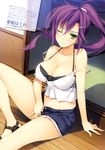  absurdres bikini_top breasts camisole cleavage cutoffs denim denim_shorts green_eyes hair_ornament hairclip highres irotoridori_no_sekai large_breasts long_hair midriff natsume_suzu off_shoulder one_eye_closed ponytail purple_hair shorts sitting smile solo strap_gap strap_slip unbuttoned yuuki_hagure 