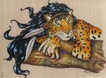  feather feline female green_eyes hair leopard long_hair looking_at_viewer mammal plain_background solo stephanie_lynn warm_colors 
