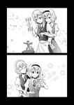  alice_margatroid apron candle comic dress greyscale holding hug hug_from_behind izayoi_sakuya looking_down monochrome mowsovsky multiple_girls puffy_short_sleeves puffy_sleeves short_hair short_sleeves sidelocks simple_background touhou waist_apron white_background yuri 