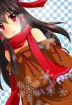  adapted_costume alternate_costume bare_shoulders belt brown_hair checkered checkered_background dutch_angle hair_tubes hakurei_reimu monrooru red_eyes red_scarf scarf snowflakes solo touhou upper_body 