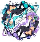  black_legwear cosplay detached_sleeves full_body green_eyes green_hair hatsune_miku hatsune_miku_(cosplay) long_hair look-alike monjayaki_(monzyayaki) multiple_girls necktie purple_eyes purple_hair rotational_symmetry skirt smile sophie_(tales) tales_of_(series) tales_of_graces thighhighs twintails upside-down vocaloid 