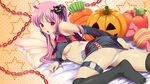  apple bat_wings bed_sheet black_legwear blush breasts candy carrot chain collar covered_nipples embarrassed food fruit hair_ornament jack-o'-lantern koutaro large_breasts long_hair lying open_mouth original panties pillow pink_hair pumpkin purple_eyes solo thigh_strap thighhighs underboob underwear white_panties wings 