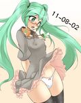  bespectacled black_legwear blush dated glasses green_eyes green_hair hatsune_miku long_hair momio open_mouth panties project_diva_(series) project_diva_2nd skirt solo sweat thighhighs twintails underwear very_long_hair vocaloid white_panties 
