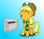  air_conditioner applejack_(mlp) blonde_hair clothing cowboy_hat equine eyes_closed female feral freckles friendship_is_magic hair hasbro hat horse mammal my_little_pony orange_body petirep pony scarf solo 