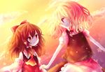  bad_id bad_pixiv_id blonde_hair brown_eyes brown_hair hair_ribbon hair_tubes hakurei_reimu kirisame_marisa multiple_girls nini3piyo ribbon sunset touhou yellow_eyes 