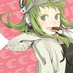  bad_id bad_pixiv_id bangs casual doughnut food food_in_mouth glasses green_eyes green_hair grey_hair gumi headphones hood hood_down hooded_jacket jacket medium_hair mouth_hold open_mouth pink_background scarf shutter_shades sidelocks solo teeth upper_body vocaloid yoshito 