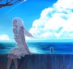  ano_hi_mita_hana_no_namae_wo_bokutachi_wa_mada_shiranai. arms_at_sides bad_id bad_pixiv_id blue blue_eyes blue_sky branch can cloud cloudy_sky condensation_trail day dress feet_out_of_frame floating_hair food highres honma_meiko horizon karasu-san_(syh3iua83) knees_together_feet_apart long_hair looking_away looking_up mouth_hold neck_ribbon ocean on_wall outdoors popsicle ribbon shade sitting sky sleeveless sleeveless_dress soda_can solo wall water white_dress white_hair wind 