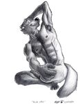  anthro armpits crossed_legs flexing fur greyscale hand_behind_head looking_at_viewer male mammal monochrome muscles mustelid nipples nude otter pecs plain_background rthur sitting smile solo tail whiskers white_background 