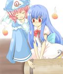  bad_id bad_pixiv_id blue_hair blush closed_eyes dress ghost hat hinanawi_tenshi hitodama instrument japanese_clothes koto_(instrument) long_hair multiple_girls no_hat no_headwear pink_hair red_eyes saigyouji_yuyuko short_hair sitting smile touhou triangular_headpiece v_arms yuuma_(pumpkin) 