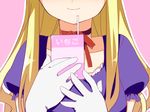  adaajt blonde_hair close-up collarbone drink drinking_straw elbow_gloves gloves hat head_out_of_frame long_hair purple_eyes simple_background solo touhou white_gloves yakumo_yukari 