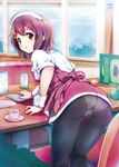  ass bent_over black_legwear bow brown_eyes brown_hair cover cover_page crotch_seam cup doujin_cover from_behind hair_ornament hairclip hirasawa_yui k-on! kashi looking_back panties panties_under_pantyhose pantyhose plant plate solo table teapot thigh_gap trefoil underwear upskirt waitress window 