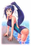  :d arm_support ass back back_cutout bad_id bad_pixiv_id bangs blue_eyes blue_hair blue_swimsuit blush breasts caustics collarbone competition_swimsuit cowboy_shot e20 eyebrows_visible_through_hair from_side hair_ribbon happy high_ponytail impossible_clothes impossible_swimsuit leaning_forward long_hair long_ponytail looking_at_viewer medium_breasts one-piece_swimsuit open_mouth parted_bangs ponytail pool quiz_magic_academy ribbon sidelocks skin_tight skindentation smile solo swimsuit thighs very_long_hair wading water wet white_ribbon yuri_(quiz_magic_academy) 