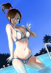  areolae bikini breasts brown_hair glasses highres large_breasts micro_bikini navel nipples open_mouth original partially_visible_vulva ponytail pool purple_eyes short_hair smile solo swimsuit twinpoo water 